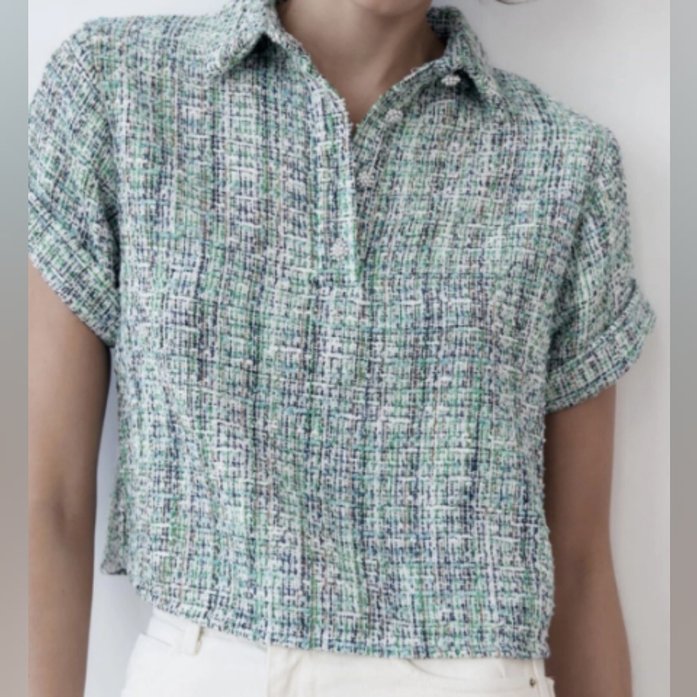 ZARA Green & Blue Tweed Short Sleeve Top Misses Size Small